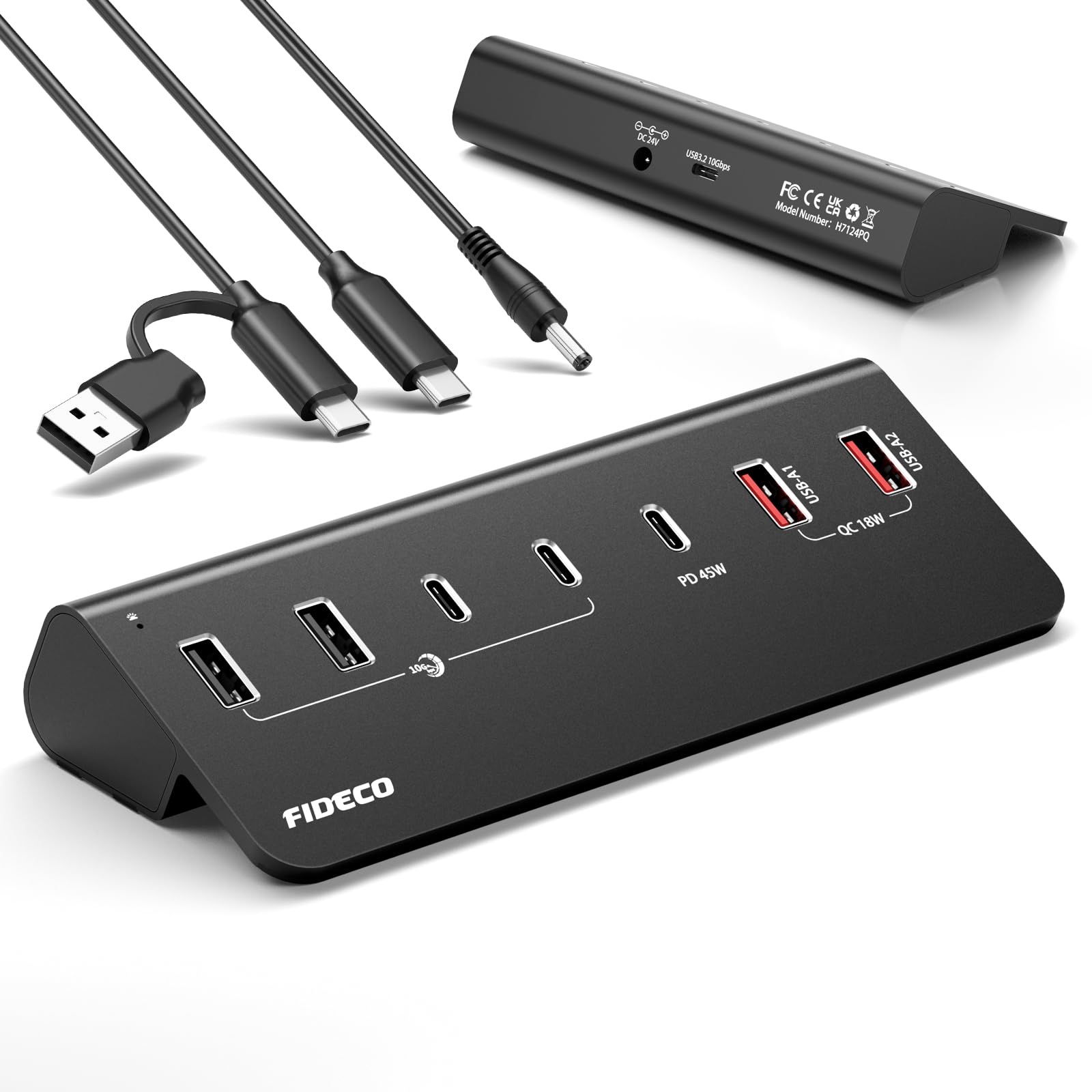FIDECO Hub USB Alimentato a 7 Porte da 72W, Hub USB C con 1 PD 45W, 2 Porte di Ricarica QC 3.0 e 4 Porte USB 3.2 (2 USB-A + 2 USB-C), 10Gbps Hub in Alluminio per Laptop, PC, MacBook, iPhone 17/16/15