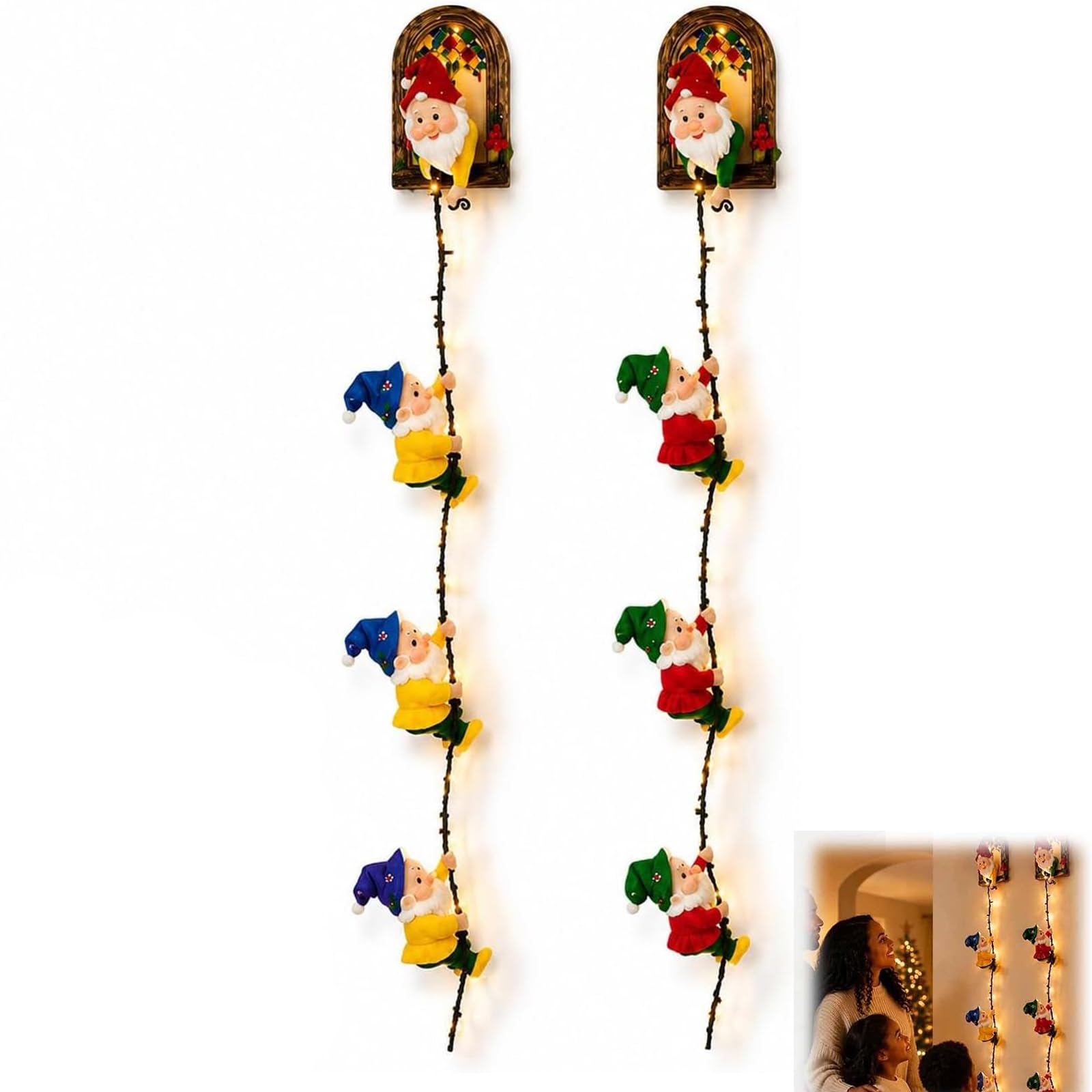 Cadena de Luces navideñas para gnomos, estatuas de gnomos trepadores con Cadena de Luces LED, para Colgar en la Pared, Divertida decoración de Pared de gnomos con Cuerda para Escalar