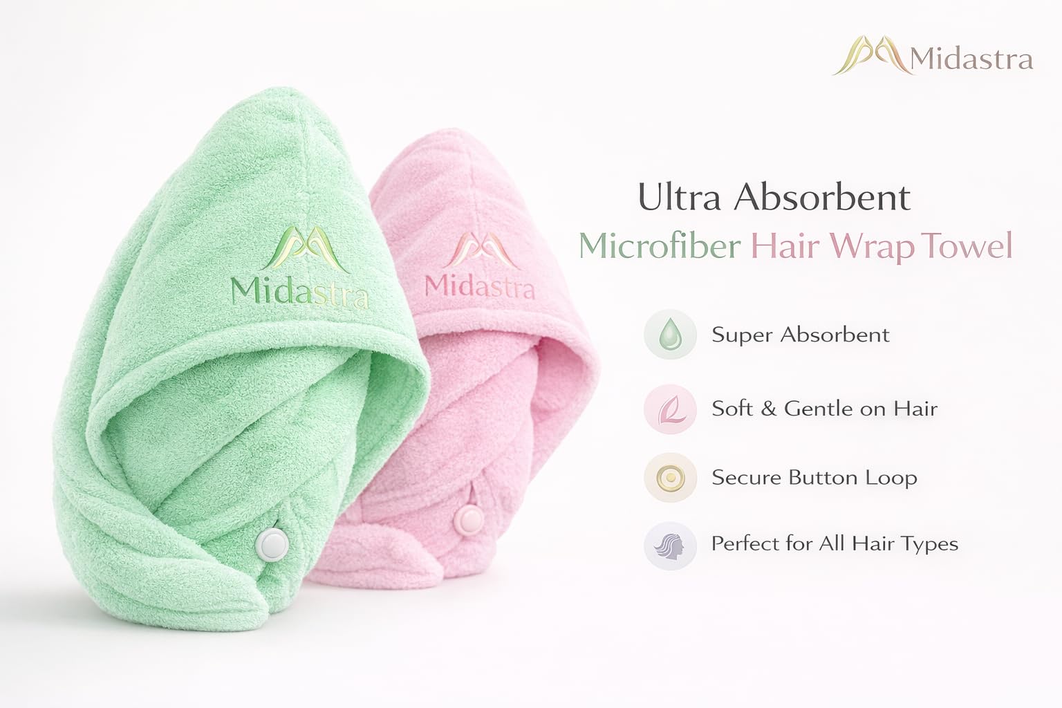 MIDASTRA FASHION Microfiber Hair Wrap Towel 500 GSM, 25 x 65 cm, Pack of 2 (Pink & Pista), Ultra Soft Super Absorbent Quick Dry Hair Turban for Women, Anti Frizz Lightweight Twist Wrap 1