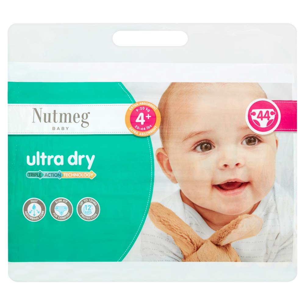 Nutmeg Baby Ultra Dry Size 4+ 9-20kg/20-44lbs 44 Nappies