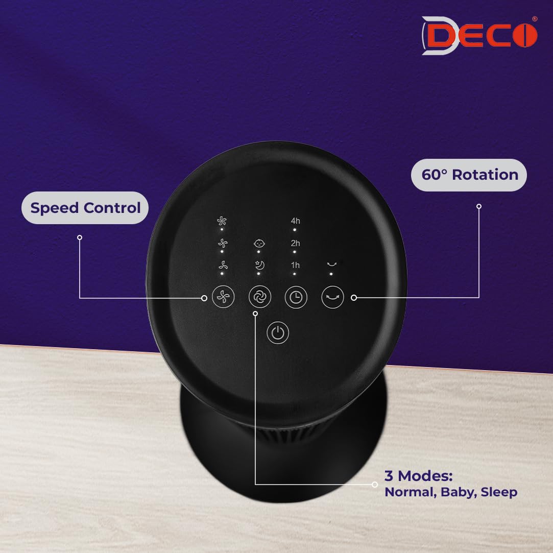 DECO Cruiser Indoor Tower Fan with Touch Remote (Black, 40 W) | 3 Wind Modes, 3 Speed Settings | Internal Oscillation, Large 3