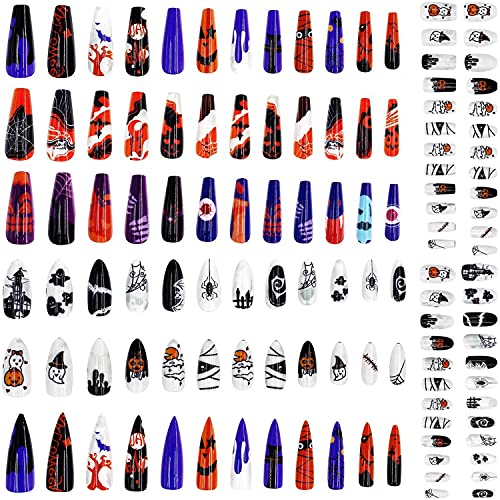 Walacot 240 Pieces Halloween Press on Nails 10 Sets Full Cover Artificial False Nail Tips for Salon Women Girls Nail Art DIY Decoration (No Glue), AH-WSJJP-240P