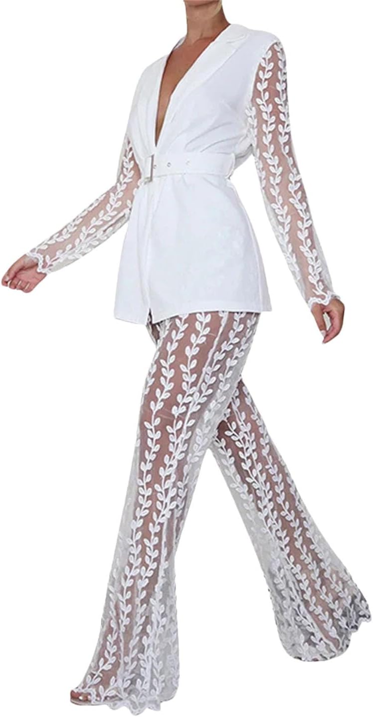 Women Black Mesh Patchwork Two 2 Pieces Sets Blazer Sashes and Sheer See Through Flared Pants