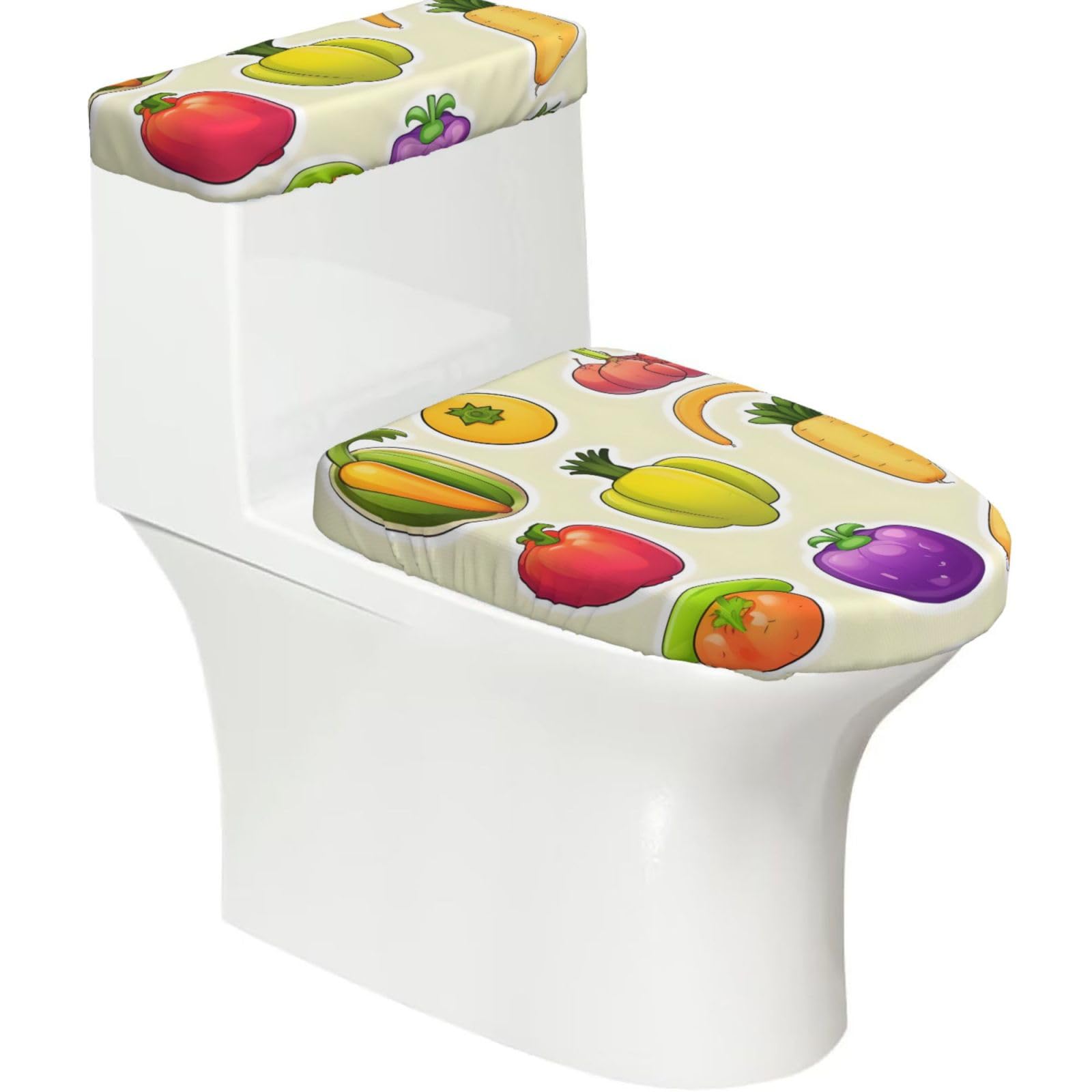 Cartoon Vegetable Fruits Printed Toilet Tank and Lid Cover Set of 2 for Most Bathrooms, Fits Elongated Round Toilets