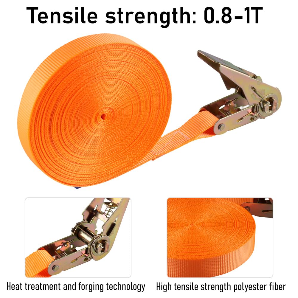Lot de 2 sangles d'arrimage avec cliquet - 15 m - Couleur orange - Sangle d'arrimage avec cliquet pour planche de surf, moto, voiture, kayak et remorque, force de traction 800 kg, charge