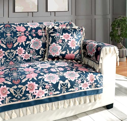 Image of ishro home Premium Sofa Cover 1 Seater Protecter with 2 Handle Covers - Soft European Standard Fabric, Frill Design, Machine Washable | (Night Sapphire, 1 Seater)