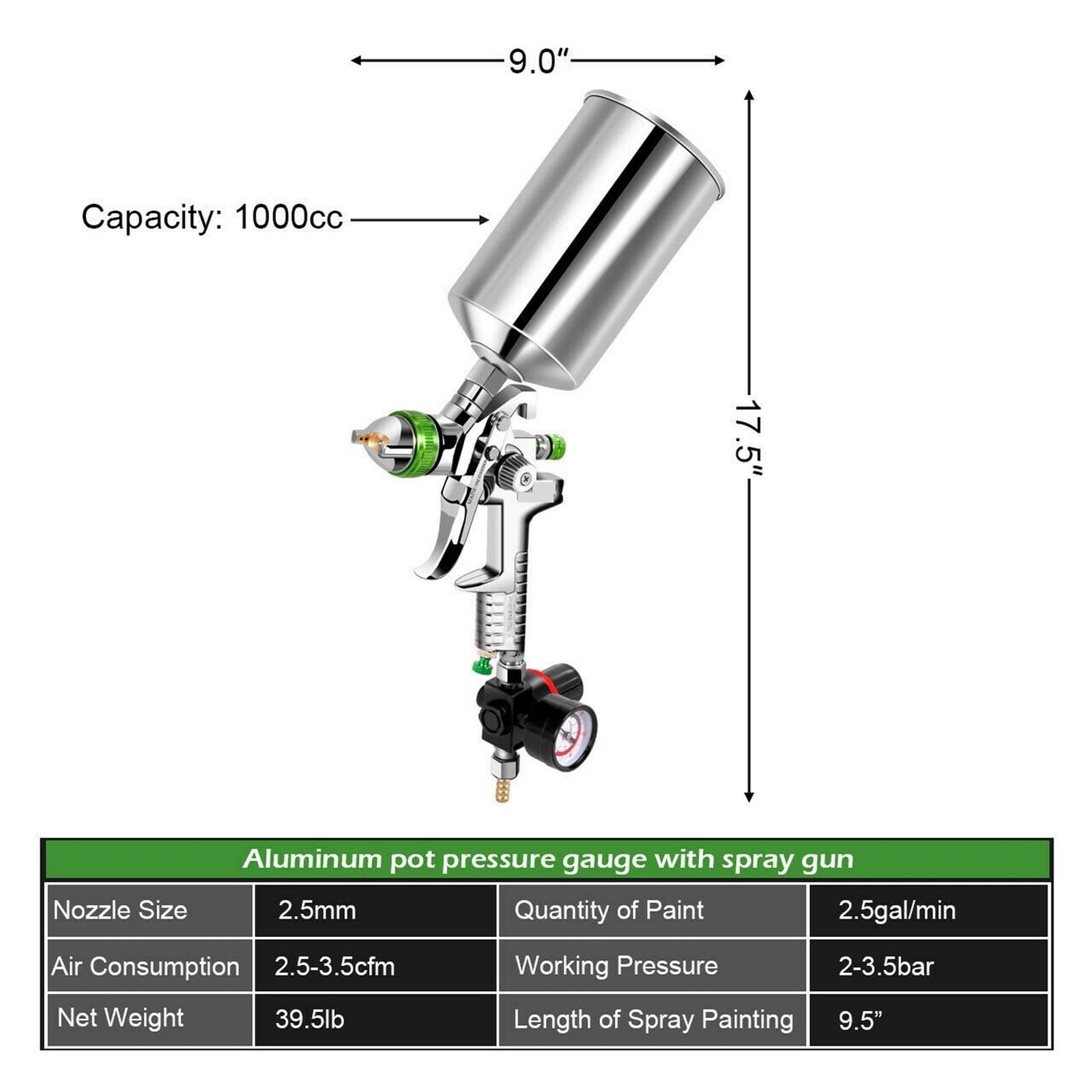 2.5mm Profesjonalny Pistolet Natryskowy Grawitacyjny Zestaw Pistoletu Natryskowego Z Regulatorem Farba Podkładowa Metalowy Płatek 1L DIY Zestaw Farb W Sprayu,Długotrwały