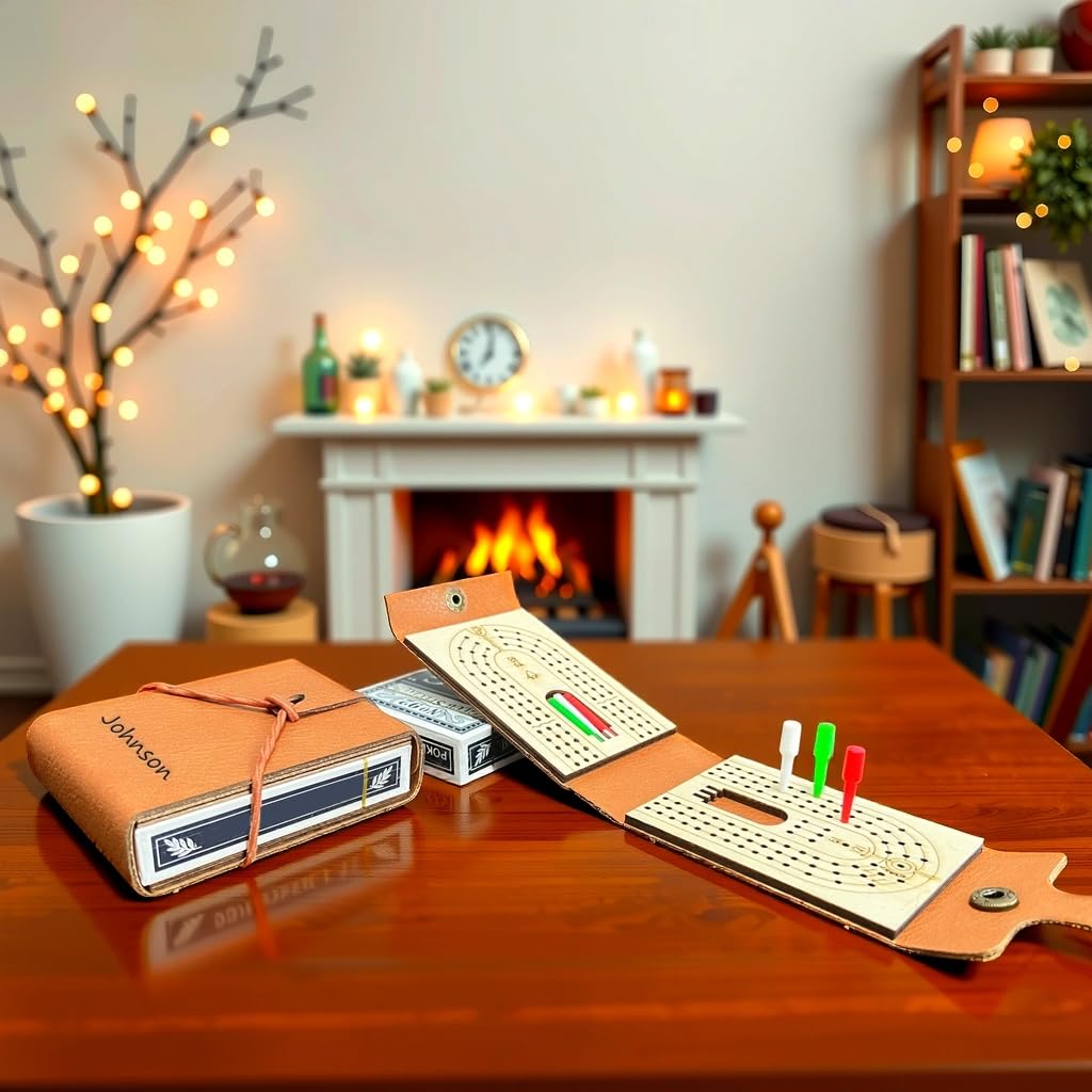 Personalized Travel Cribbage Board Set with Custom Name - Portable Faux Leather Case, Playing Cards, and Pegs for Cribbage Lovers