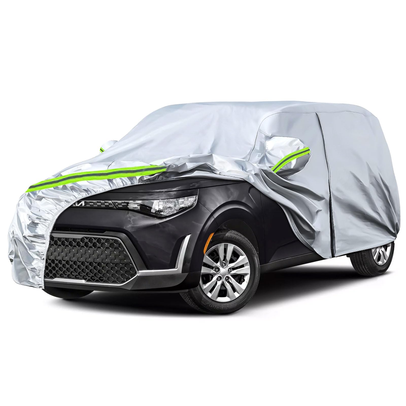 Waterproof Car Covers Replace for 2009-2025 Kia Soul, 6 Layers Silver All Weather Custom-fit Car Cover with Zipper Door & Windproof Bands for Snow Rain Dust Hail Protection