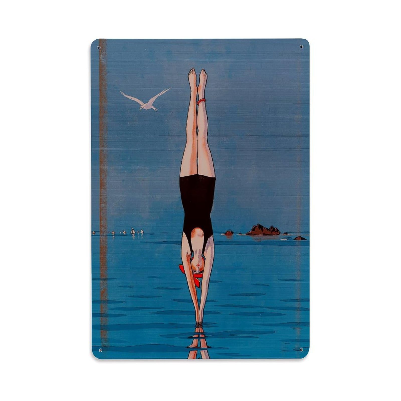 Woman Diving Into Water With Bird Vintage Tin Sign Retro Metal Wall Decor Metal Poster, Home Bar Garage Farmhouse Cafe Wall Art Decoration 8x12Inches