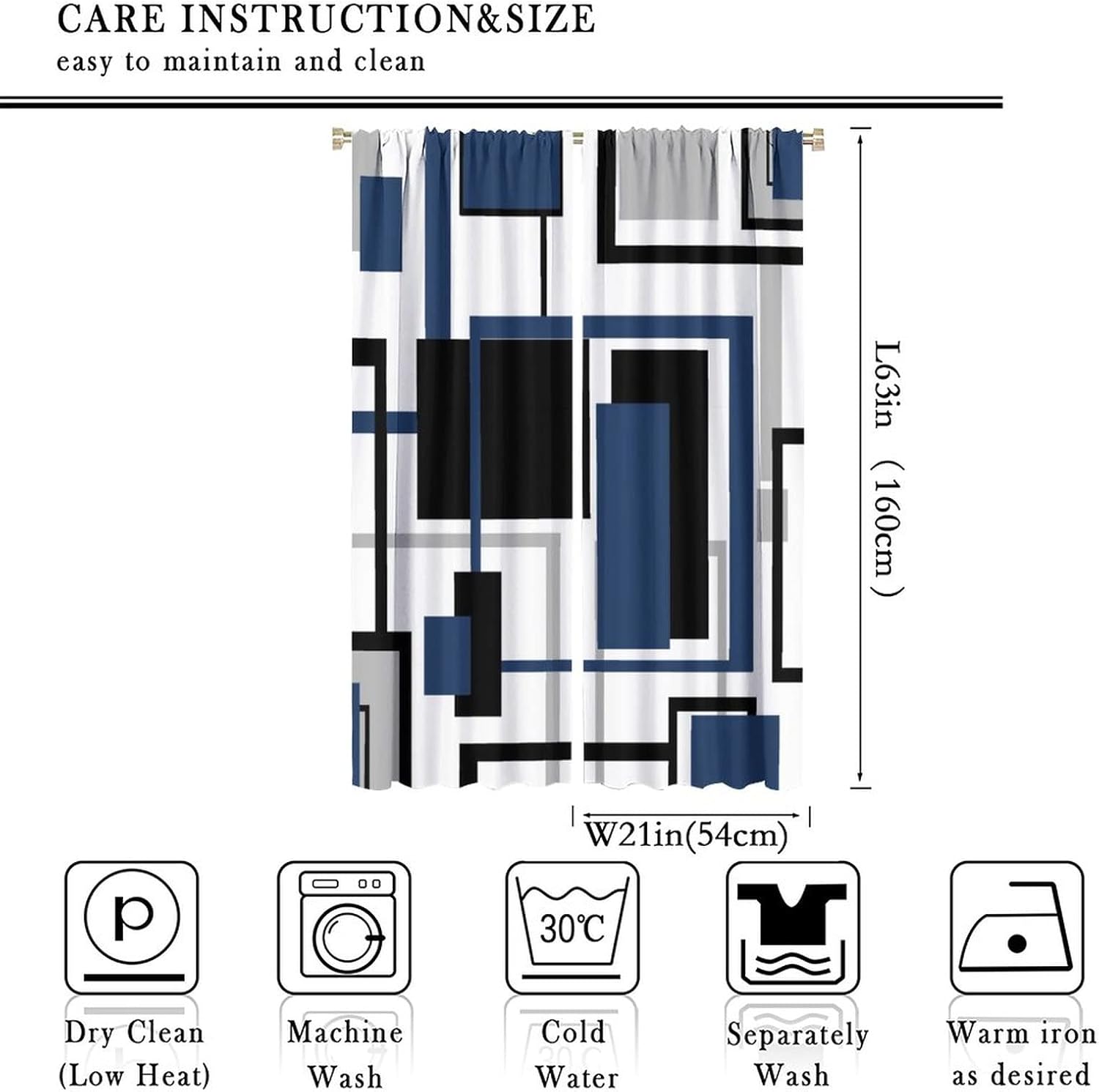 Black Grey Blue Rod Pocket Blackout Curtains for Bedroom - Modern Abstract Art Geometric Plaid Mid Mid Center Window Treatment,Thermal Insulated Room Darkening Curtains 2 Panels 63L x 21W