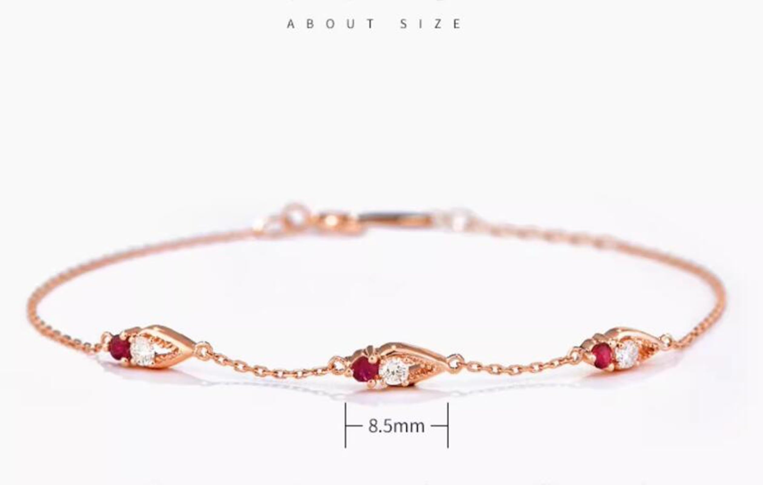 Pulseras de la amistad de oro rosa, rubí de 0,15 quilates, diamantes de 0,14 quilates, pulseras de la amistad para mujer