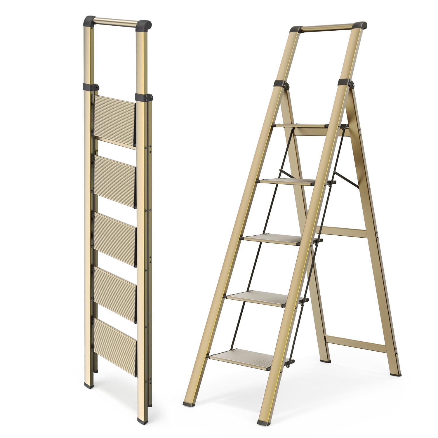 WOA WOA 5 Step Ladder, Ladders for Home, Anti-Slip Pedals, Aluminum Step Stool Foldable, Lightweight to Move, Ease of Storage, Reach 10ft for Closet Kitchen Library, Hold 300lbs - Gold