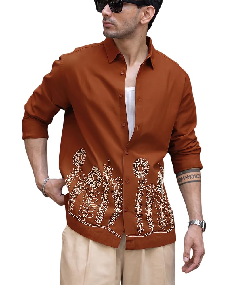 Men's Cotton Blend Embroidered Full Sleeve Shirt | Button Down Spread Collar Regular Fit Woven Shirt | Lightweight Soft for Travel, Office and Casual Occasions-image-1