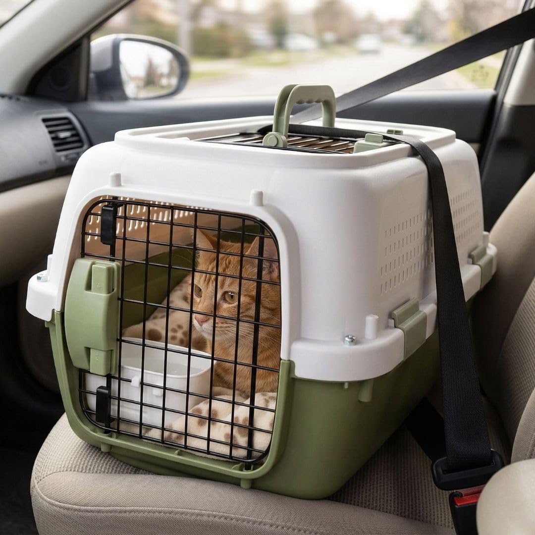 Transportín para Mascotas Perro y Gato de 58 x 38 x 33 cm con 2 Puertas, Carga Superior, Plástico Resistente y Ventilación Lateral