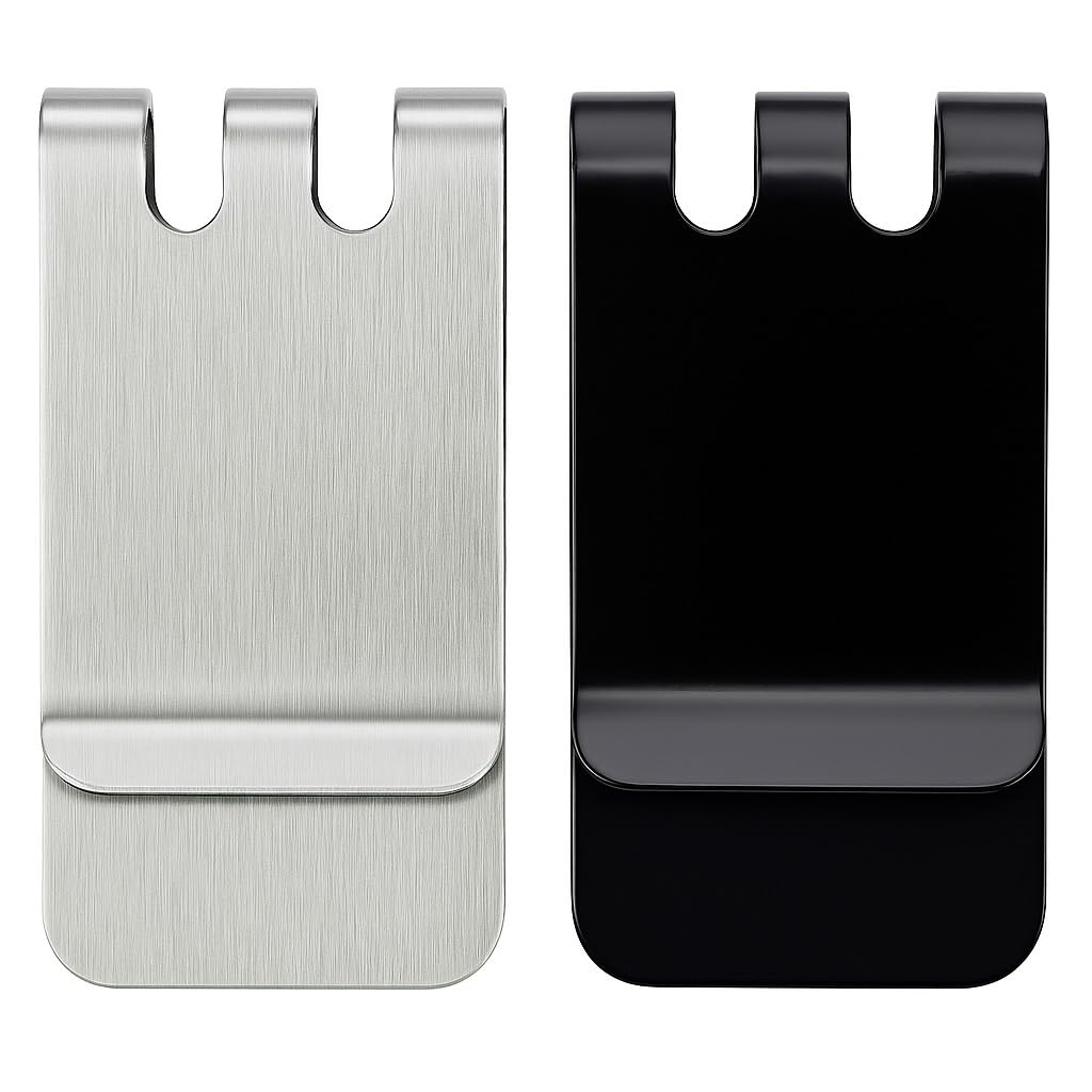 money clip 2 pack - stainless steel & black slim wallet alternative, minimalist front pocket cash & credit card holder, strong grip gift for men