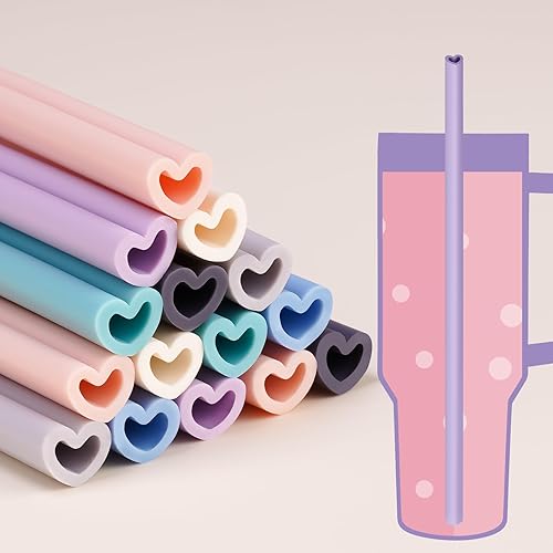 Tomorotec 15PCS Heart Shaped Silicone Straws Fit for Stanley 40oz 30oz 20oz Tumbler, 12.2 Inch Reusable Silicone Drinking Straws Fit for Stanley Cups, Customizable for Various Drinkware w/ 2 Brushes - 12.2'' (Fit for Stanley Tumbler) - Morandi Colors