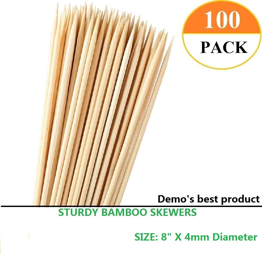 Demo 8" Natural Bamboo Skewers for BBQ，Appetiser，Fruit，Cocktail，Kabob，Chocolate Fountain，Grilling，Barbecue，Kitchen，Crafting and Party. Φ=4mm, More Size Choices 6"/10"/12"(100 PCS)