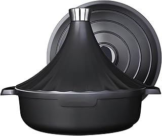 11in Tagine Dish Non-Stick Tagine Pot with Two Lids Multipurpose Soup Pot Soup Pot Stew Pot Cast Aluminum Large Capacity Pot Kitchen Home (Black)