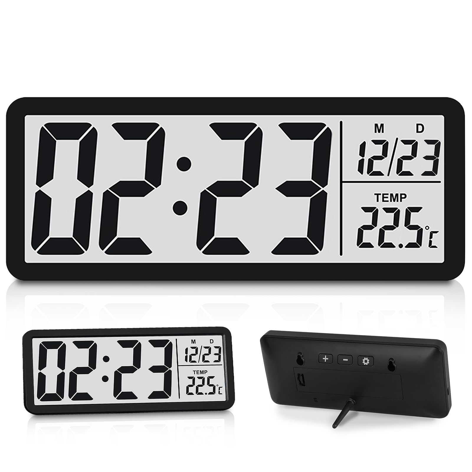 Reloj de pared digital con números, temperatura, fecha, pantalla LCD, funciona con pilas, para salón, dormitorio, oficina, 12/24 horas (20,2 x 8 x 2 cm)