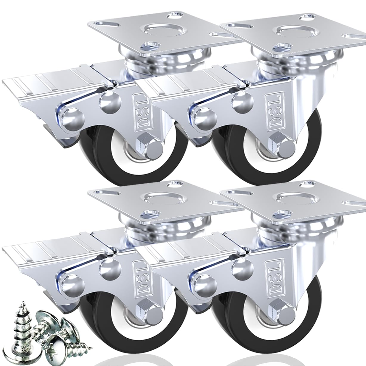 DSL Castor Wheels, Heavy Duty Castors 50mm, Caster Wheel Set of 4 Trolley Furniture Wheels - Double Bearing 4 Castor with Brakes Rubber up to 240KG + Free Fitting