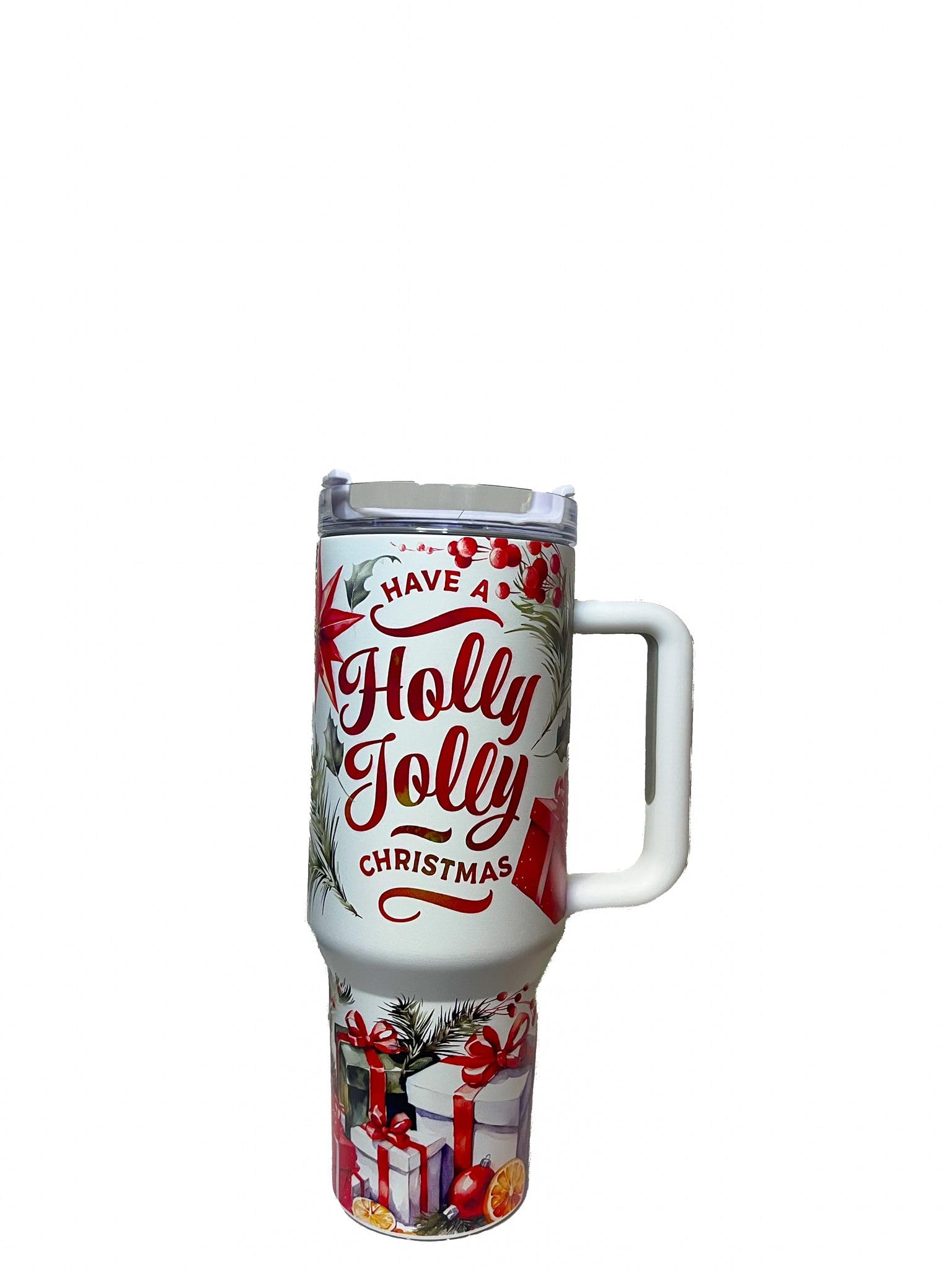 40oz Christmas Themed Stainless Steel Insulated Tumbler Mug with Handle and Straw! (Travel Mugs for Beer, Wine, Water, Tea and Coffee, Car Cup Holder Friendly) (Large, Holly Jolly Christmas)