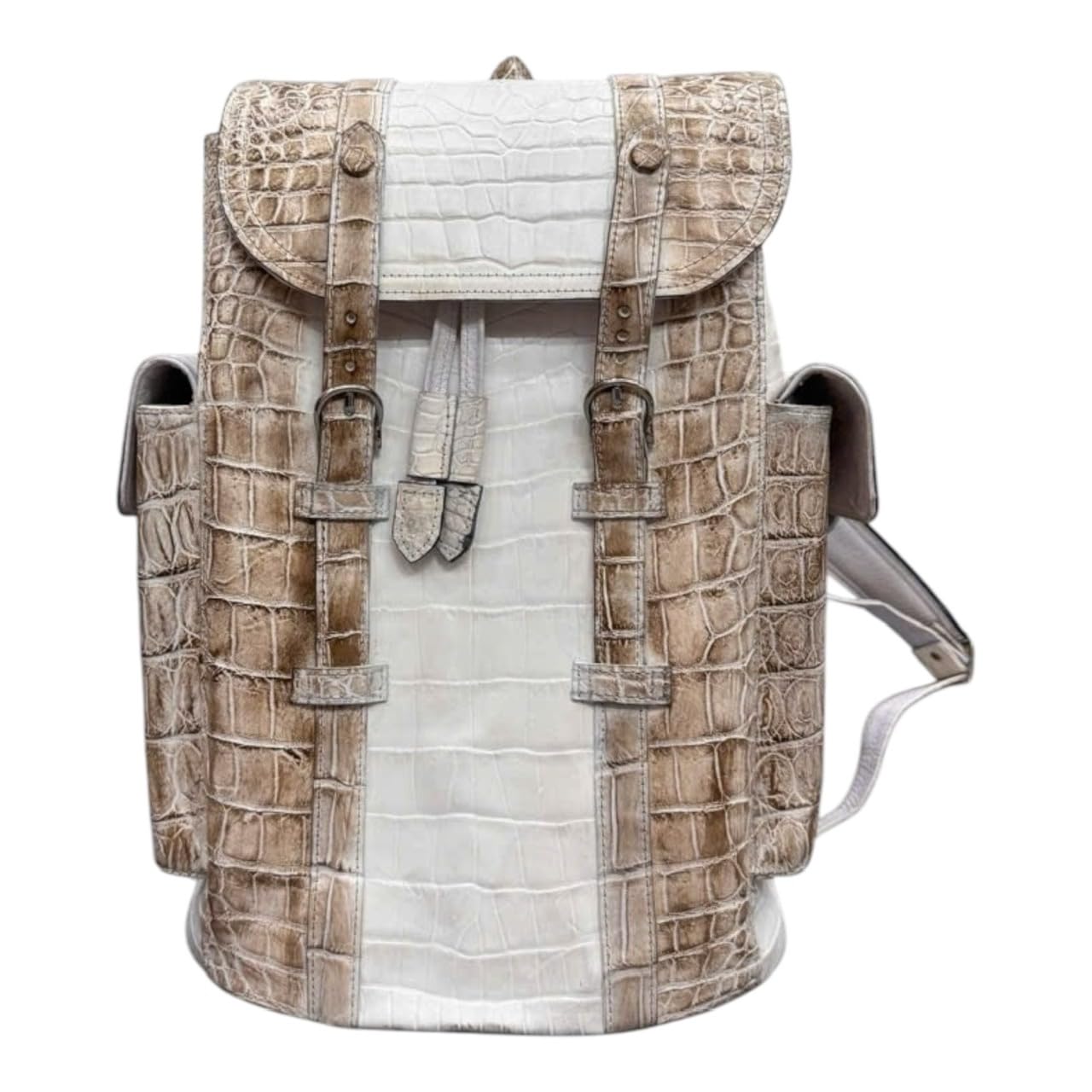 Genuine Alligator Crocodile Leather Backpack For Men Business Travel Hiking Shoulder Casual Backpack White Grey Alligator Himalayan Belly