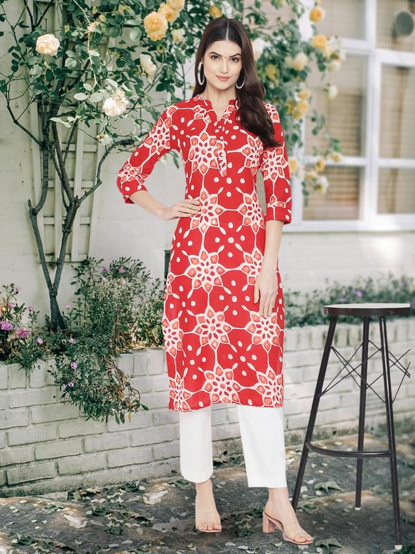 Image of Pinkmint Women Cotton Kurti ll Stright Printed Collared V Neck Kurta ll Stylish Regular Fit Kurti's (Pack of 01)