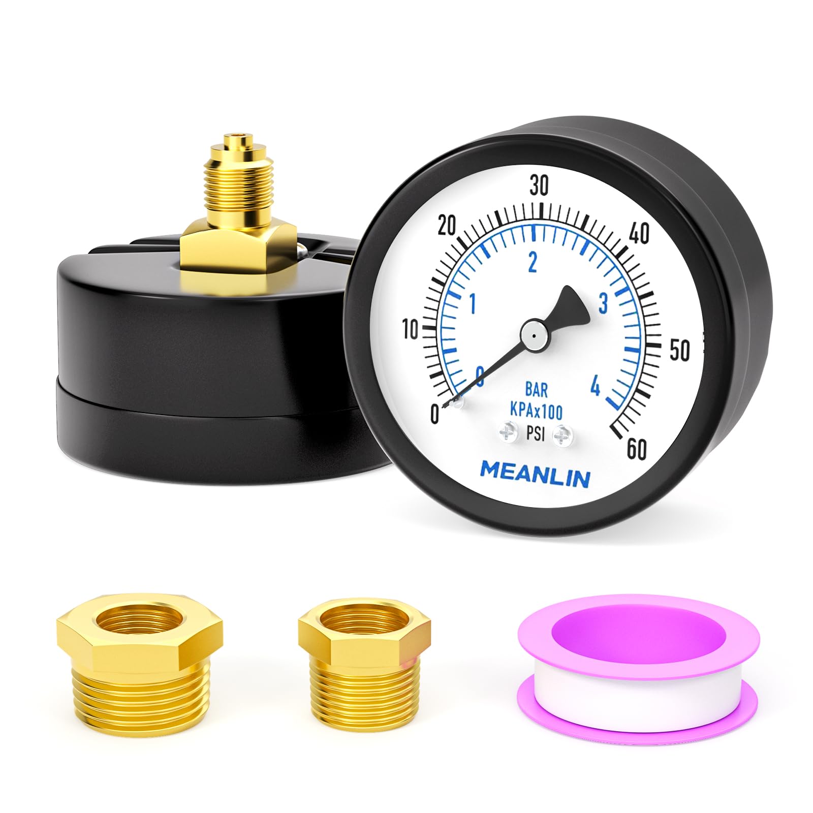 MEANLIN MEASURE 0~4BAR/0~60PSI 2"DIAL FACE 1/8 "BSP dobrze pompy Manometr ciśnieniowy,z 1/4"BSP i 3/8"BSP Piasta sześciokątna, Filtr Sabbii per Basen Test,Center Montaggio back