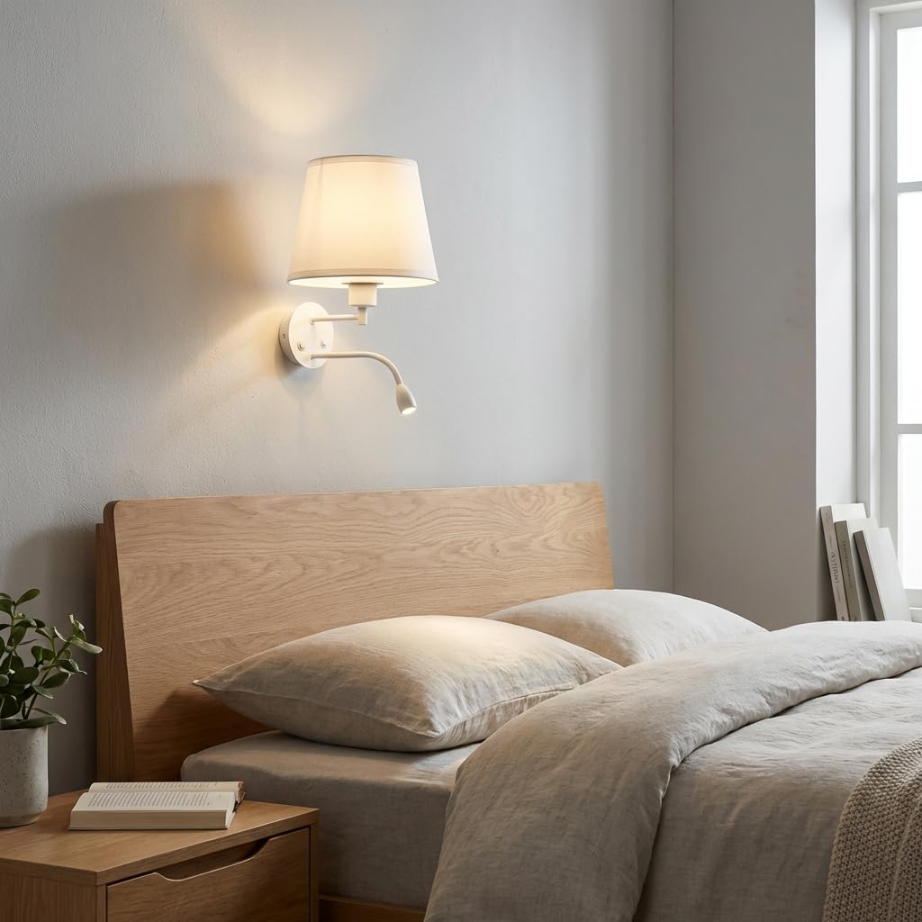 BARCELONA LED Grande Applique Murale LED avec Abat-jour Tissu Blanc et Spot Lecture Flexible 3W Double Lumière E27, Lampe Tête de Lit Chambre, Style Moderne Vintage Industriel Intérieur IP20
