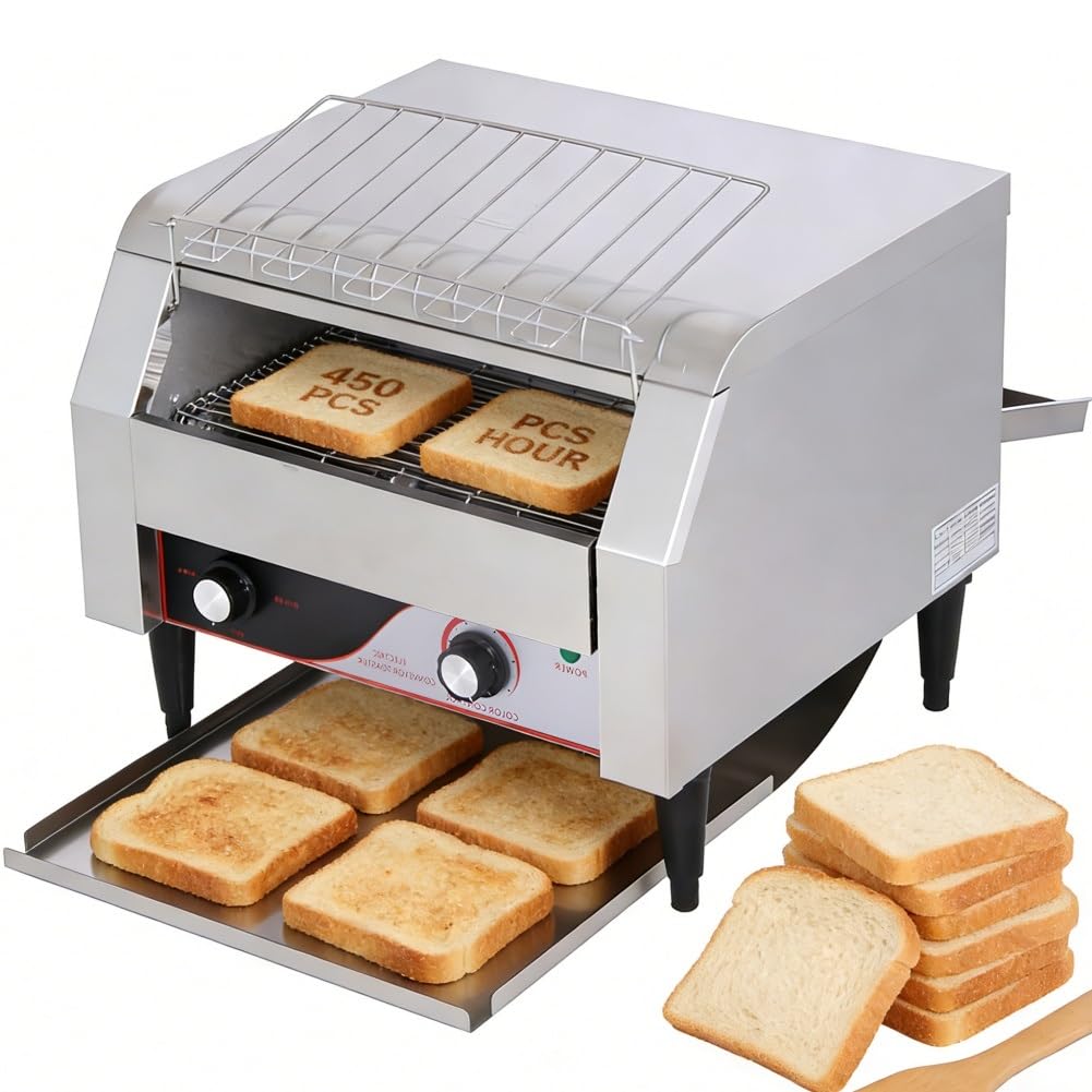 Commercial Conveyor Toaster, 450 pieces/H, 2600W Heavy Duty Countertop Industrial Electric Oven with Dual Heating Tube, 7-speed Adjustments, Stainless Steel, Food Warmer Home Restaurants(150pieces/H)