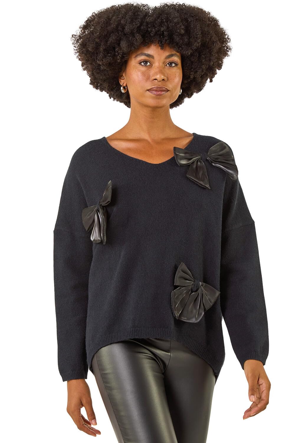 Roman Women's Black Bow Embellished V-Neck Knit Jumper