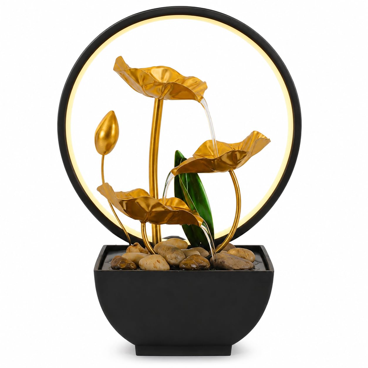 Wasserfall Brunnen für den Innenbereich, Lotusblatt Zimmerbrunnen, Tischbrunnen mit LED Beleuchtung Moderne, Springbrunnen Gartenbrunnen Deko Tischbrunnen mit Geräuschloser Pumpe für Büros, Geschäfte