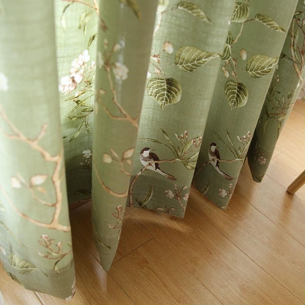 Farmhouse Birds Curtains 84 Inches Long Grommet Half Light Blocking Green Tree Pattern for Patio Door Vintage Floral Print Window Drapes for Sliding Glass Door Home Decor 1 Panel W55 X L84 Inch