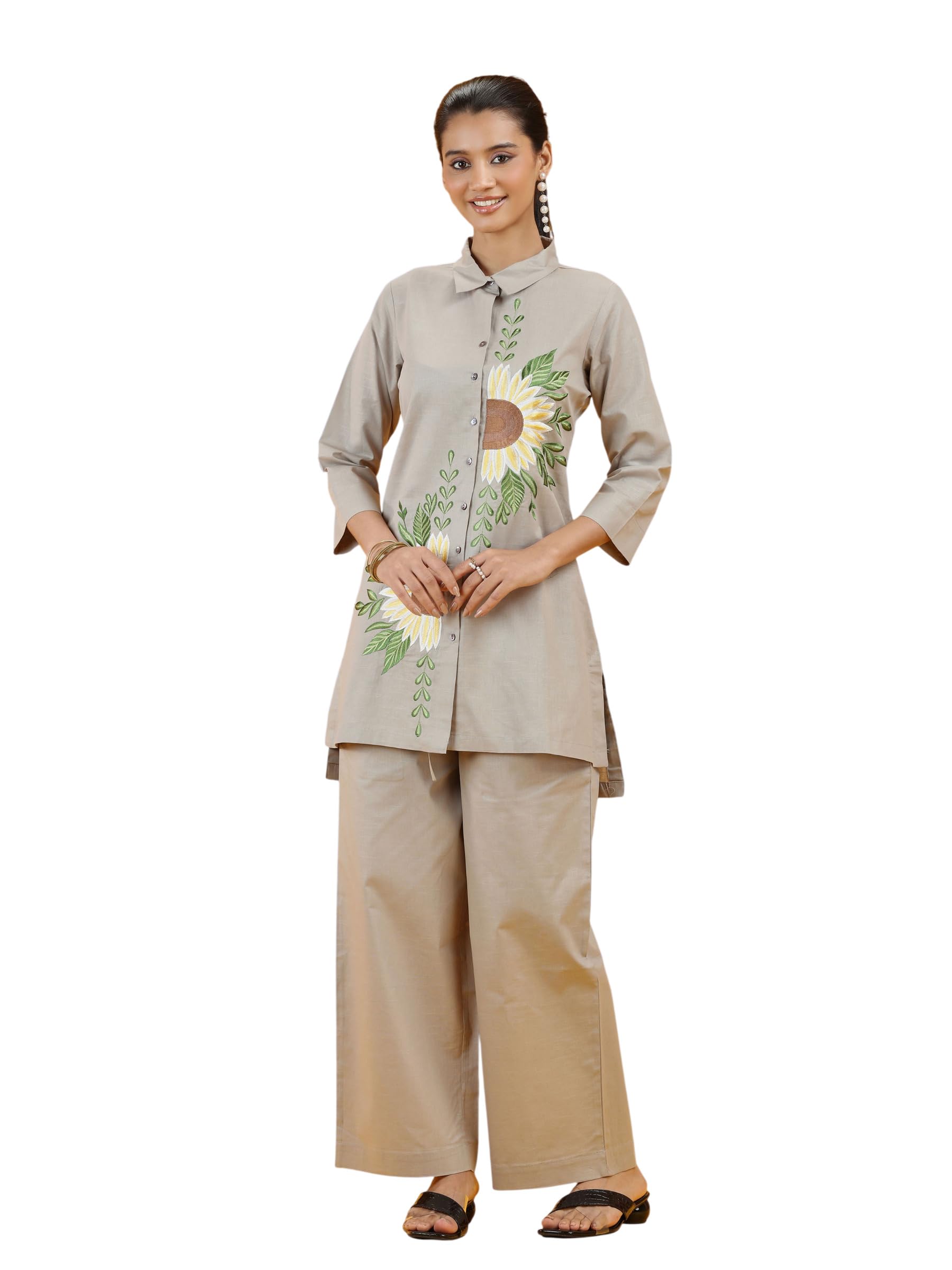 Grey Floral Sunflower Embroidered Cotton Co-ord Set-M-image-19