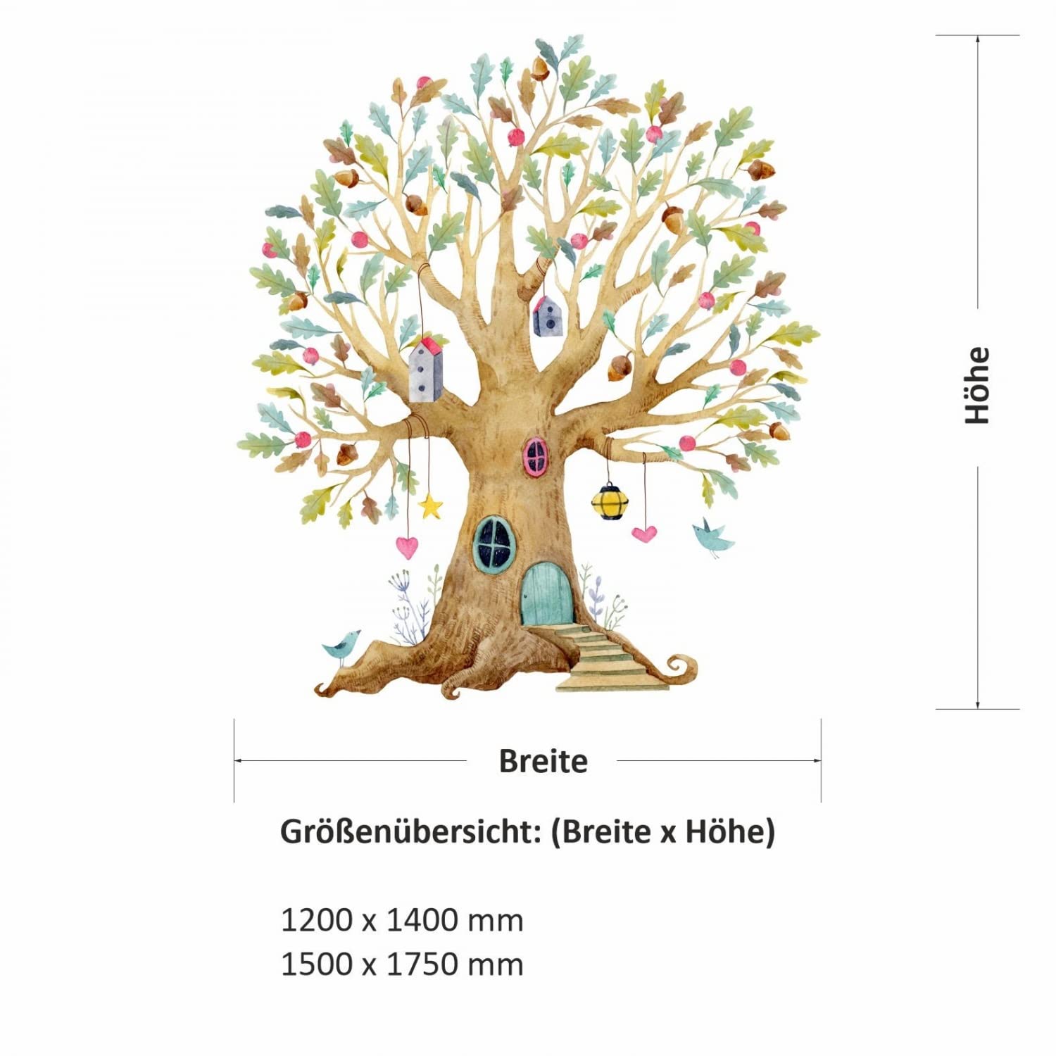 nikima Schönes für Kinder 241 Tatuaż ścienny z kolorowym drzewem, dąb, elfy, dom, wymiary 1200 x 1400 mm, w 2 rozmiarach, do pokoju dziecięcego, naklejka ścienna, dekoracja ścienna