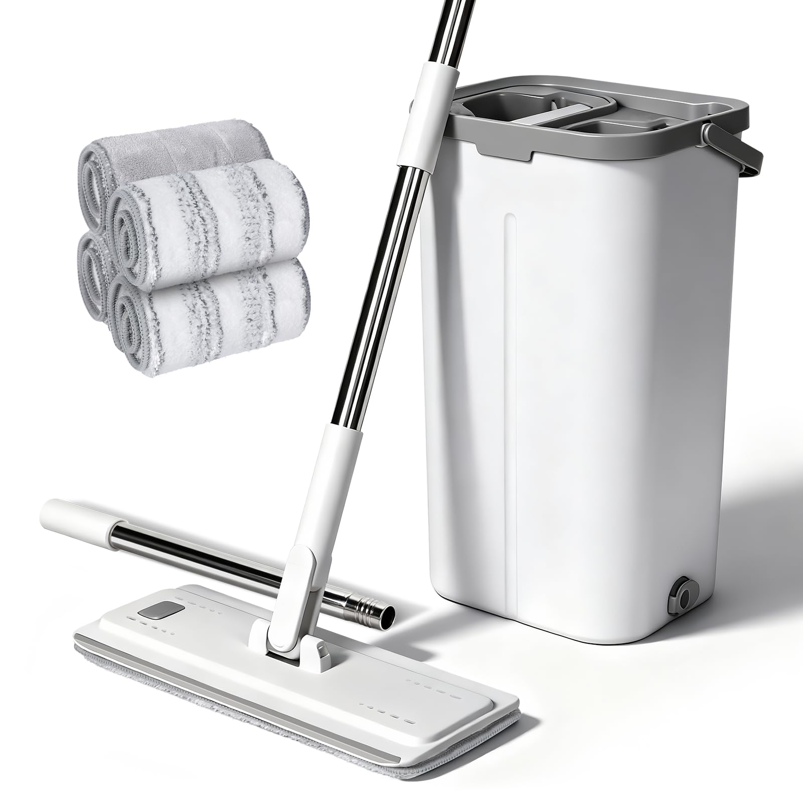 Masthome Serpillière Seau Essoreur 2 en 1, Balai Plat Microfibre avec Manche INOX 140cm, Tête Rotative 360°, 4 Recharges Réutilisables, Nettoyage Hygiénique pour Tous Sols