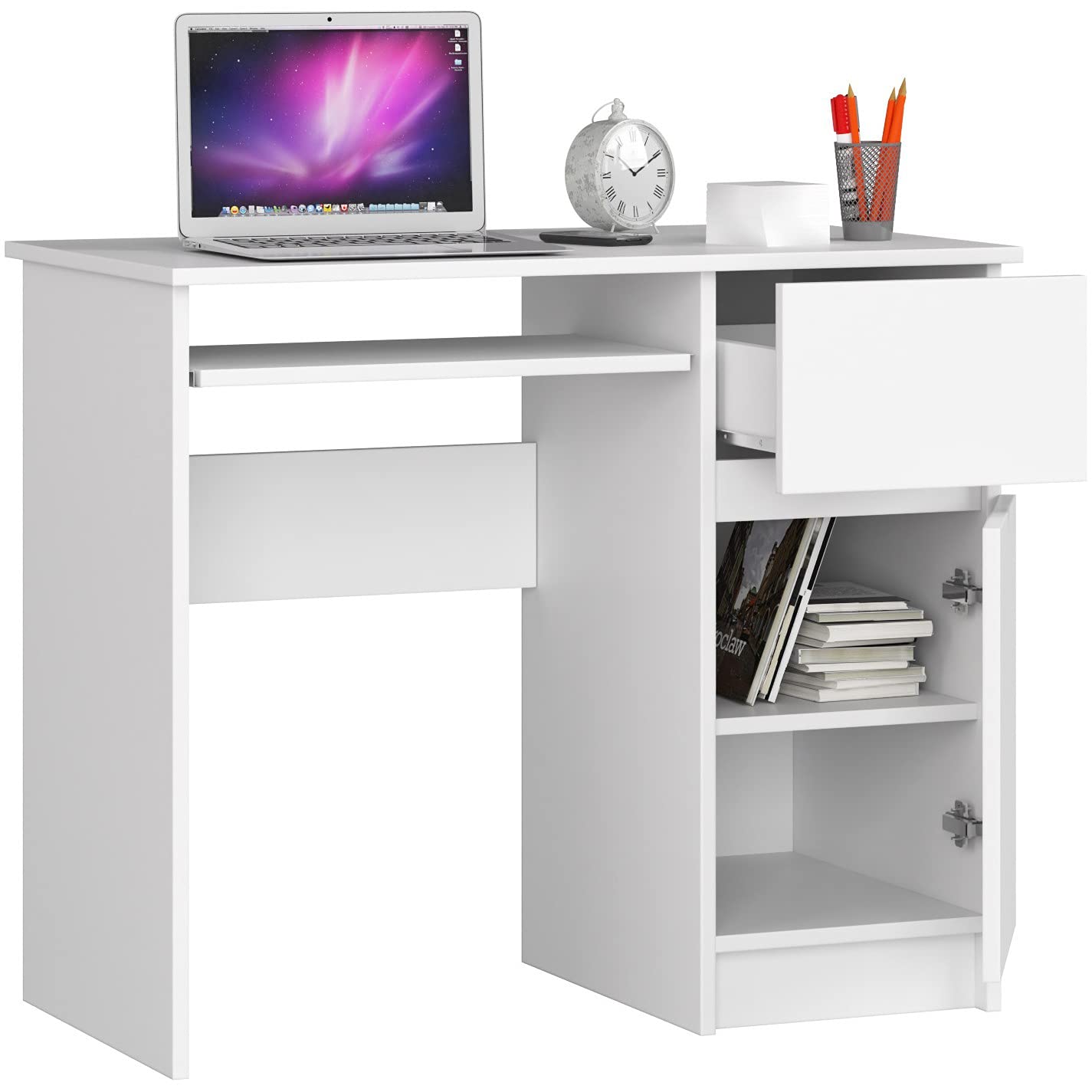 Tavolo per computer, tavolo da ufficio, con 1 cassetto, 2 ripiani e un ripiano estraibile per tastiera, 90 x 50 x 77 cm, piano in laminato resistente all'abrasione con bordo ABS, bianco, destro