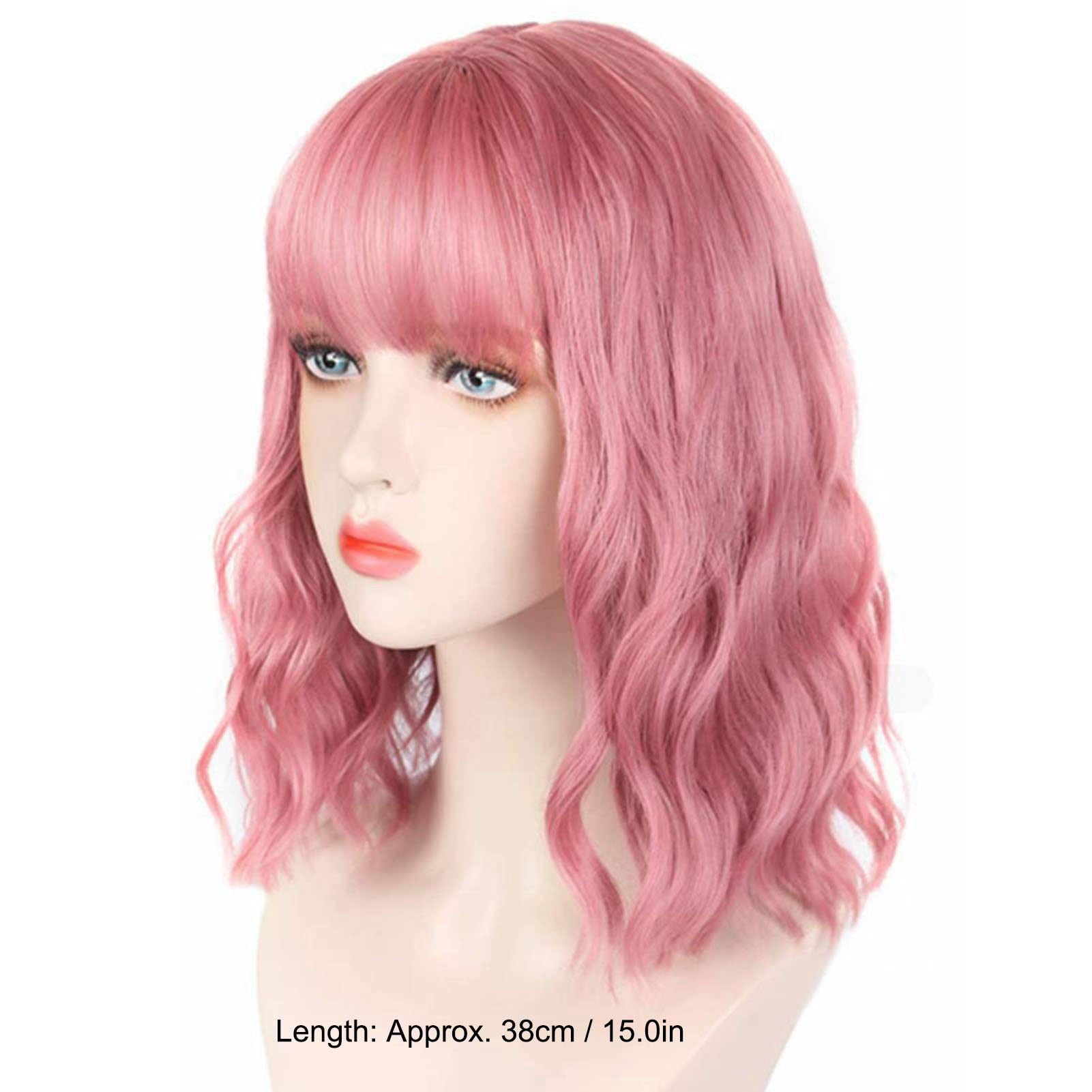 Perruque Rose Ondulée Mi-longue Avec Frange – Synthétique, Style Chic (taille Moyenne)