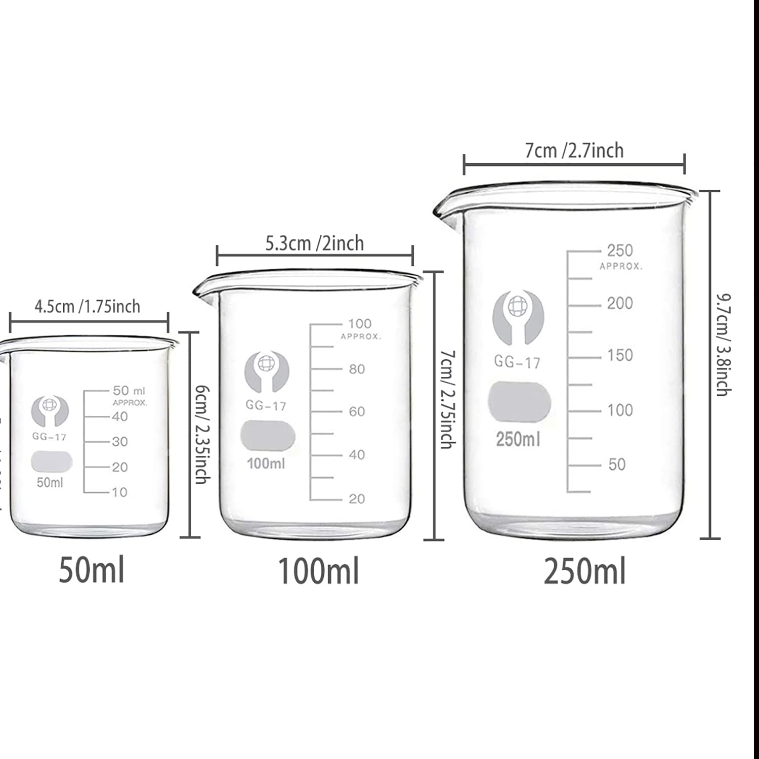 Set di 3 bicchieri in vetro da 50 ml, 100 ml, 250 ml