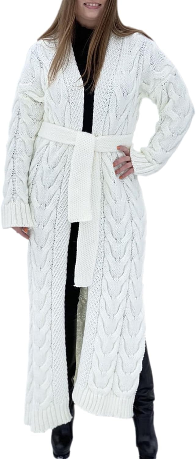 Women Long Sleeve Solid Cable Knit Belted Chunky Maxi Sweater Cardigan Ribbed Longer Length Knitwear Cardigan