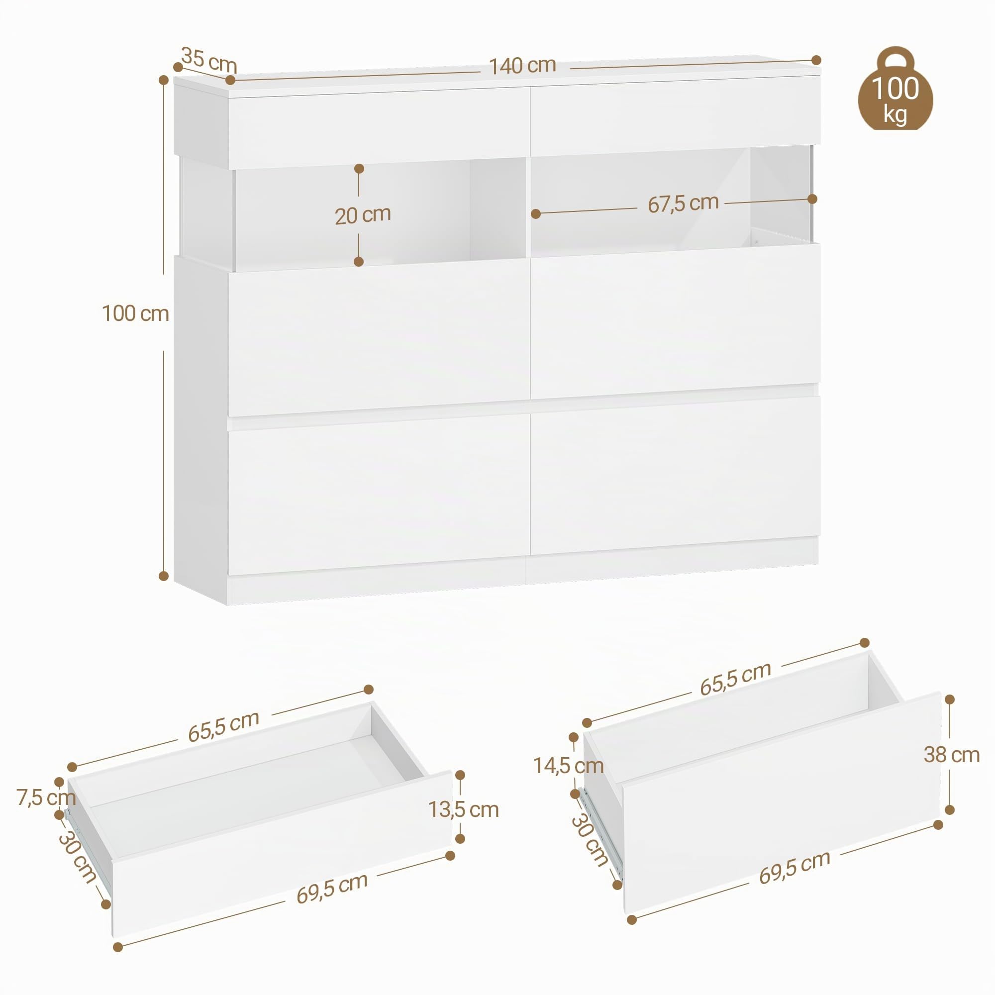 Hzuaneri 140cm Kommode mit LED-Beleuchtung und 2 Glas-Vitrinenelementen