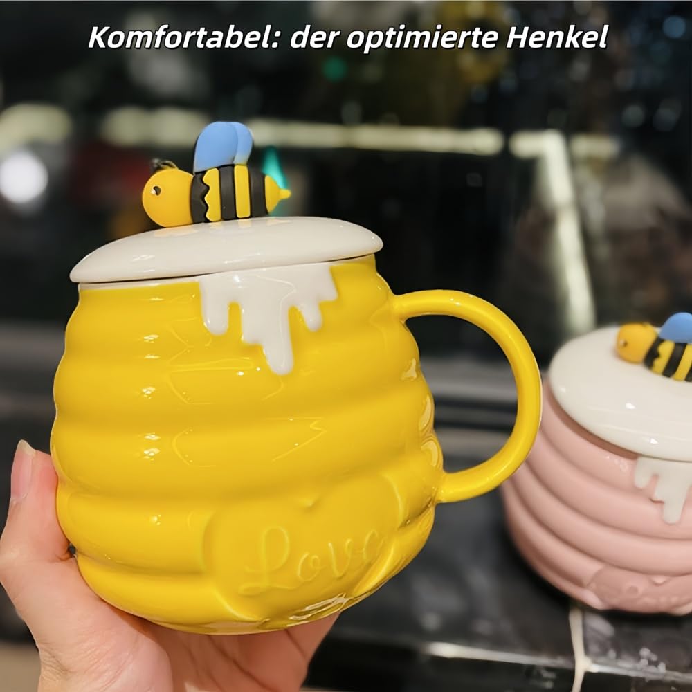 Kubek do kawy pszczół, 400 ml, z pokrywką i łyżeczką, słodki kubek ceramiczny z motywem pszczół, do kawy, kakao, herbaty dla kobiet i dziewcząt (zestaw 4 szt., różowy)