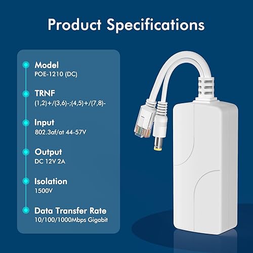 Miniatura 3 de YuanLey Divisor PoE Gigabit DC 48V a 12V2A, compatible con IEEE 802.3afat 101001000Mbps Adaptador de divisor de alimentación PoE activo a través de