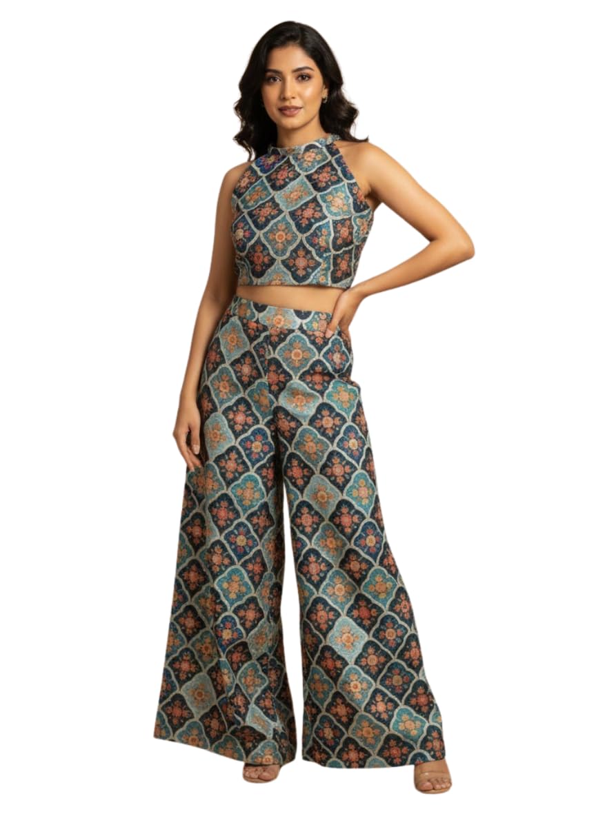 Women’s Chinon Print Plazo Set with Sleeveless Crop Top Stylish Printed Co-Ord Set-picture-25