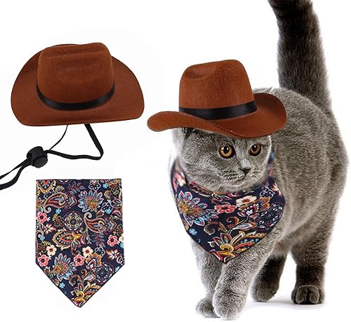 Juego de 2 accesorios de disfraz de sombrero de vaquero para mascotas para gato, perro pequeño, bandana para cachorro, bufanda ajustable, sombrero