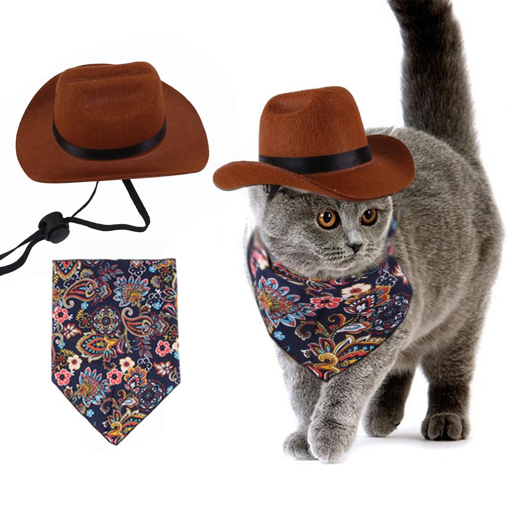 2Pcs Pet Cowboy Hat Costume Accessories Set for Cat Small Dog, Puppy Bandana Scarf Adjustable Brown Western Cowboy Hat for Birthday Halloween