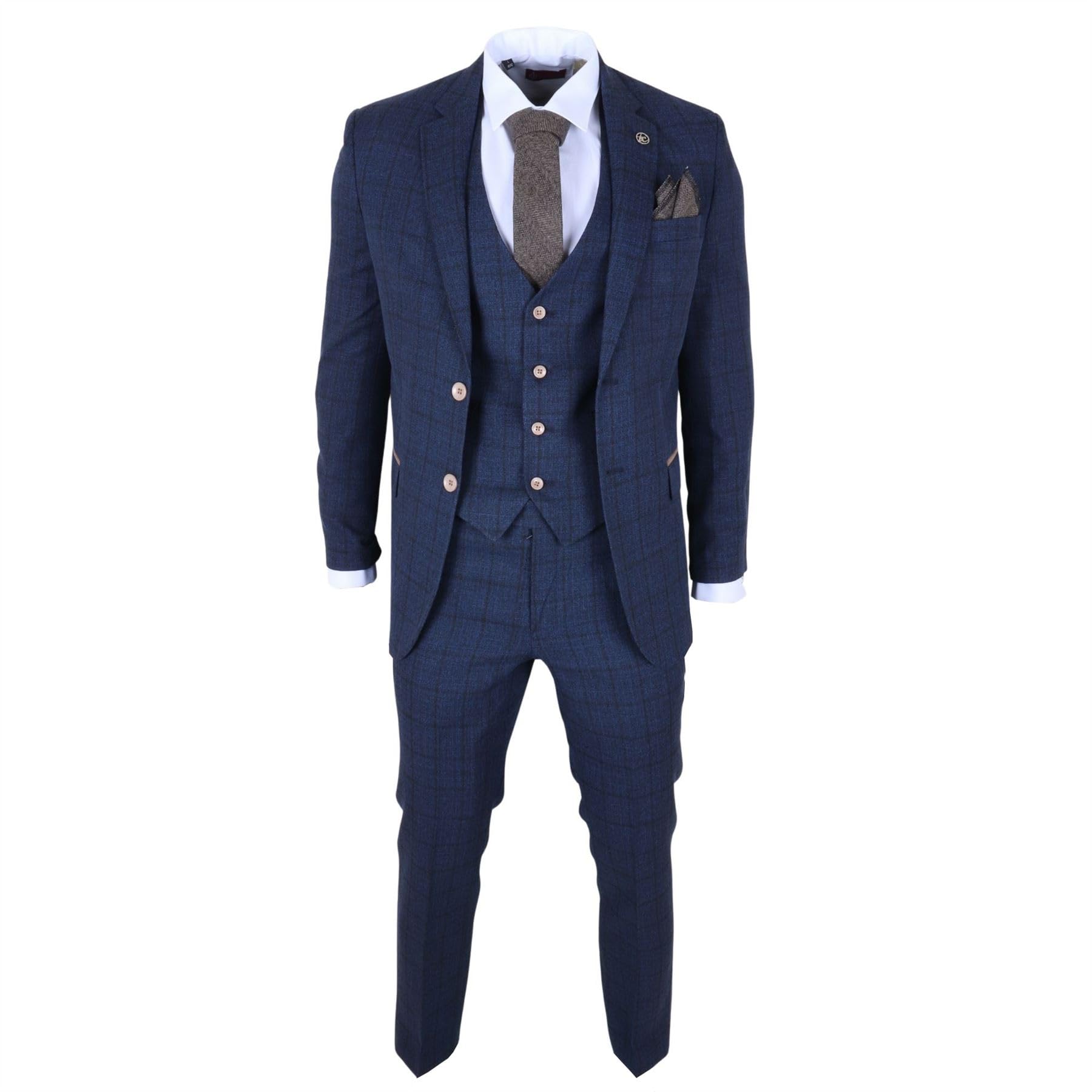 Men's Navy 3 Piece Plaid Check Suit Tailored Fit Formal Dress Suits - Navy 48