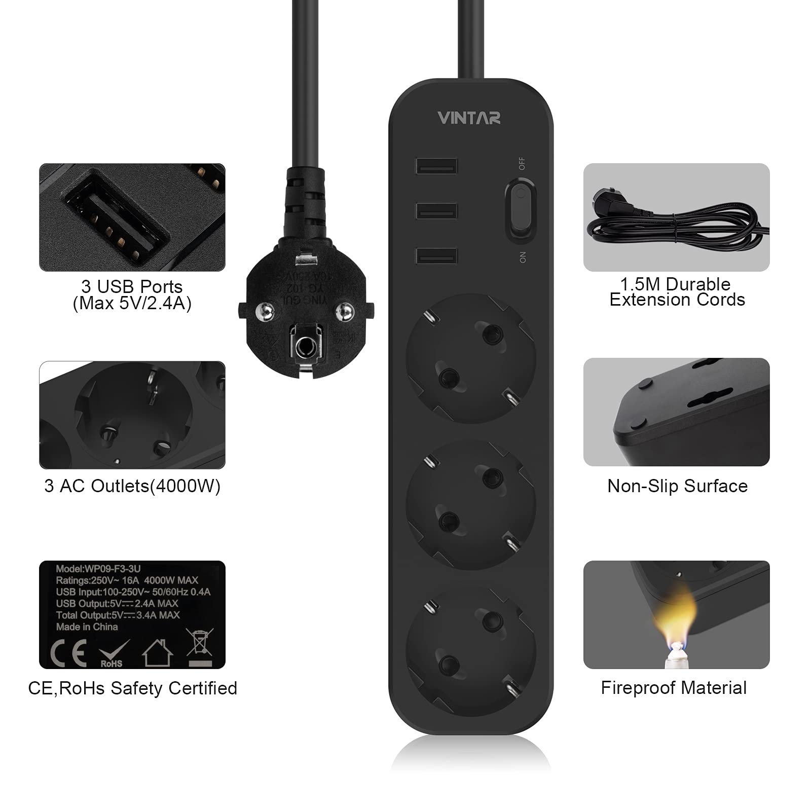 VINTAR 8-in-1 Steckdosenleiste Mit USB-C - 4 Steckdosen + 4 USB, 2m Kabel, 3680W