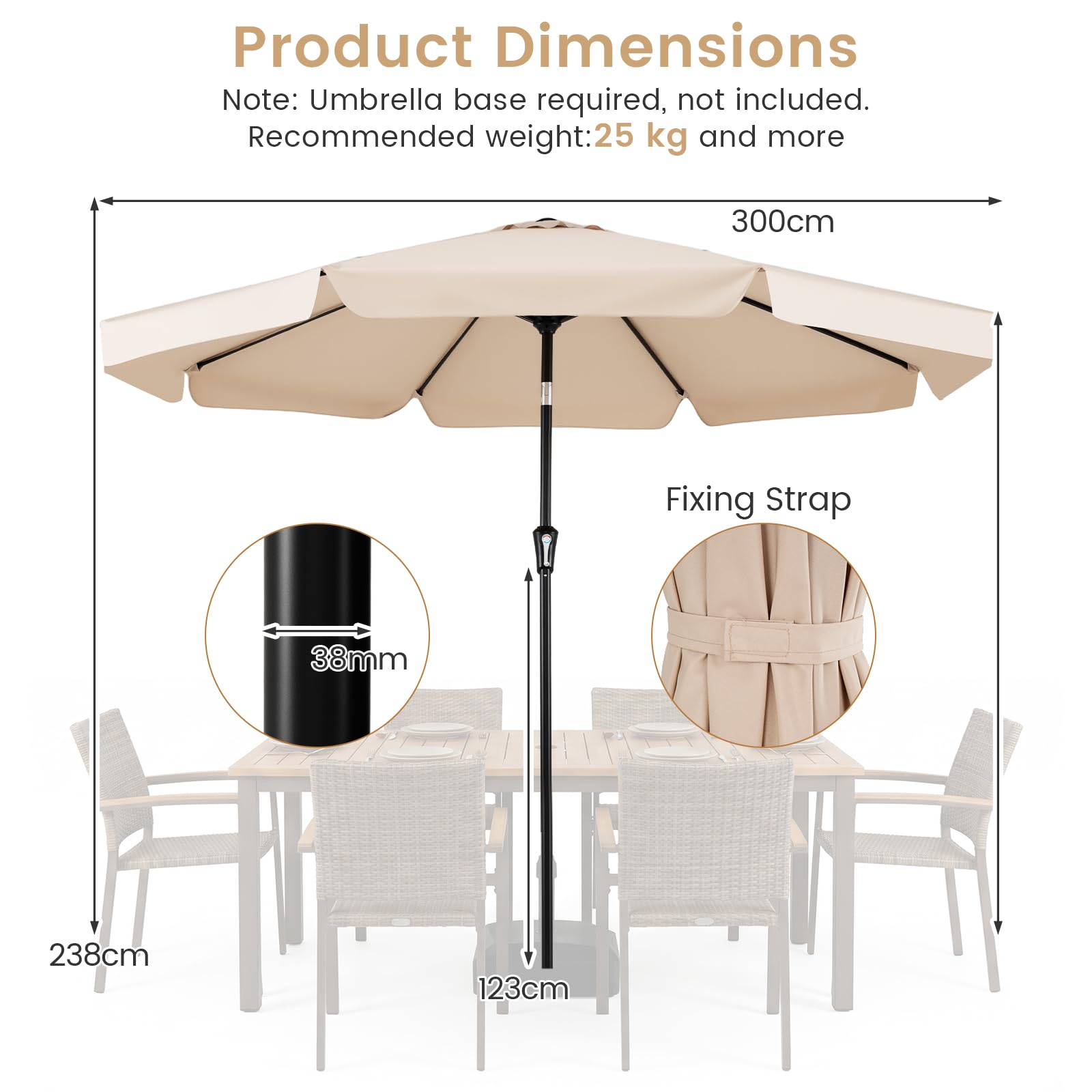 COSTWAY Sonnenschirm 300 cm, Gartenschirm mit Volant & Kurbel, beidseitig um 30° knickbar, Balkonschirm, Terrassenschirm, UV-Schutz, Marktschirm für Garten, Balkon, Terrasse (Beige)